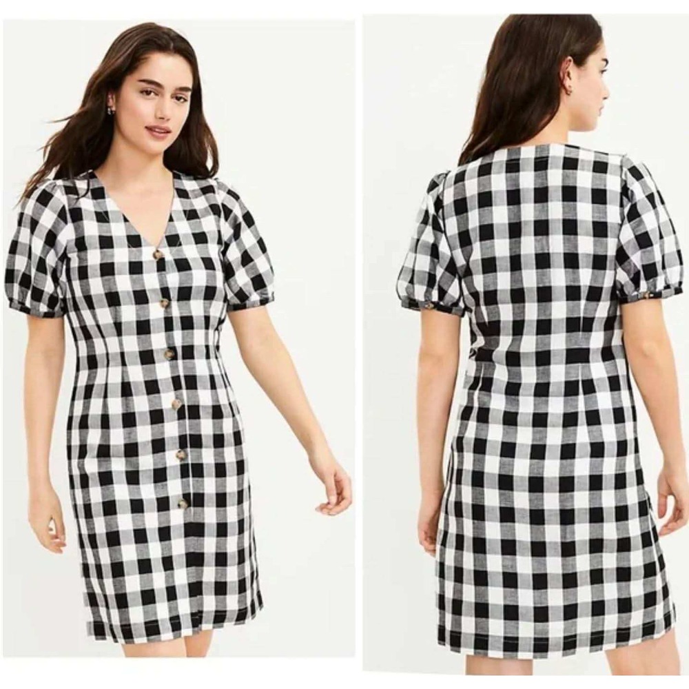 LOFT Gingham Mini Dress Women 8 Black White Like New Puff Sleeve Linen Blend NWT